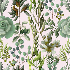 Seamless pattern with eucalyptus, magnolia, fern leaves and succulents. Trendy rustic herb vector background.