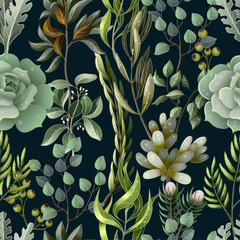 Seamless pattern with eucalyptus, magnolia, fern leaves and succulents. Trendy rustic herb vector background.
