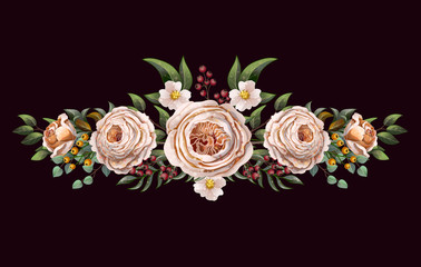 Obraz na płótnie Canvas English peachy roses with other flowers bouquet. Vector.