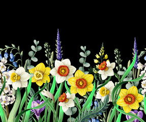 Border with daffodils and wild flowers. Vector.