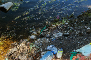 Fototapeta na wymiar Ecological problem. Rubbish in the water. Plastic bottles pollute nature. Bottles and garbage in the harbor of seaport of Varna. Garbage in the port, in water in parking lot of small marine boats