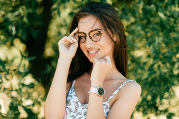 Closeup emotional  lifestyle portrait of adorable beautiful young cheerful coquette fashionable...