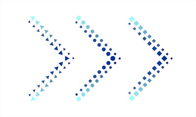 Three arrows made up of circles, squares or triangles with a blue shade effect. Mark the right or next.  Vector graphic illustration. - 227541766