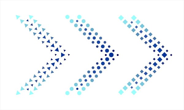 Three arrows made up of circles, squares or triangles with a blue shade effect. Mark the right or next.  Vector graphic illustration.