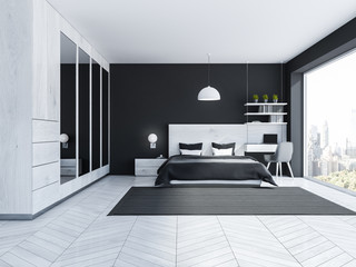 Black bedroom interior, wardrobe