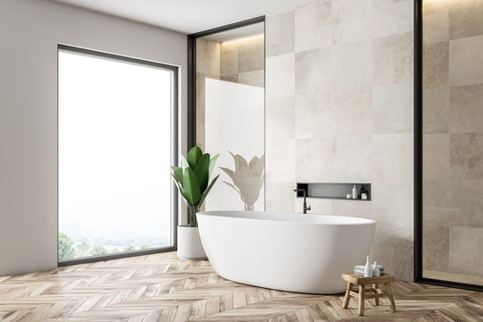 White tile bathrom corner, tub