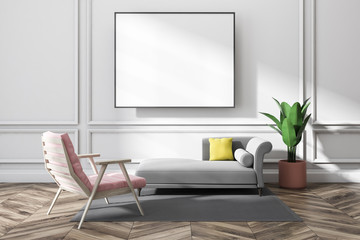 White living room, gray sofa and poster