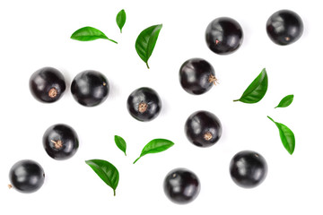 black currant with leaves isolated on white background. Top view. Flat lay pattern