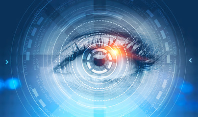 Woman eye in hud interface, code lines