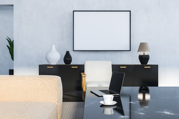 White living room, horizontal poster and table