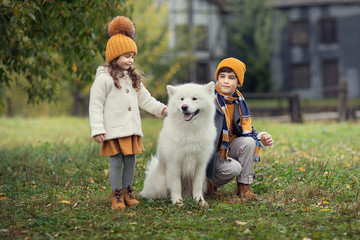 children with samoyed dog in the autumn park