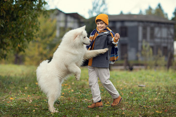 boy playing with dog in the park