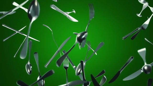 Background with animation of moving forks, knives and spoons. Animation of seamless loop.