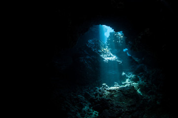 Sunlight Descending Into Dark, Underwater Cavern © ead72