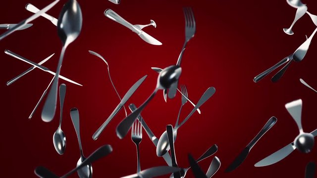 Background with animation of moving forks, knives and spoons. Animation of seamless loop.