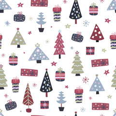 Hand drawn Christmas seamless pattern. Doodle texture with xmas tree, gift boxes and snowflakes. Scandinavian pattern. Vector illustration