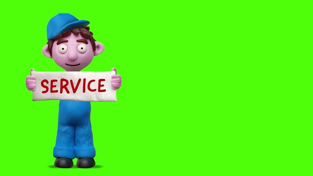 Sprechender Handwerker aus Knete mit Schild &bdquo;Service&ldquo; &ndash; Animation mit Greenscreen