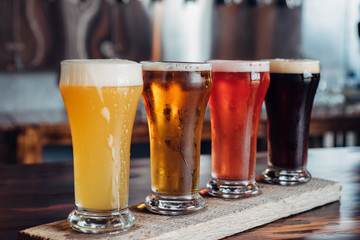 Close up of a flight of craft beer