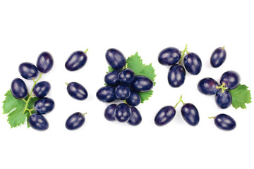 bue grapes wih leaves isolated on the white background with copy space for your text. Top view. Flat lay pattern