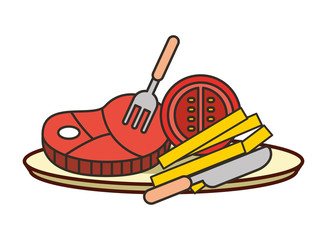 meat steak with tomato french fries fork on dish