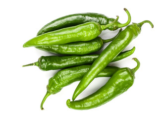 green hot chili peppers isolated on white background. Top view. Flat lay pattern