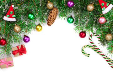 Christmas background decorated isolated on white with copy space for your text. Top view.