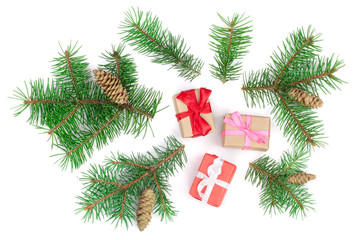Christmas background with fir branches and box isolated on white background. Top view. Flat lay