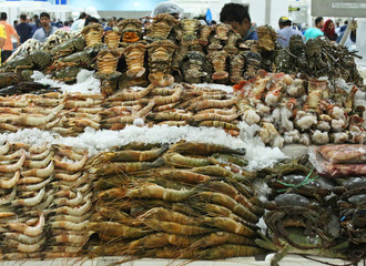seafood for sell in a market stall