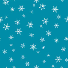 Winter seamless pattern with white snowflakes of different sizes on a blue background. Vector.