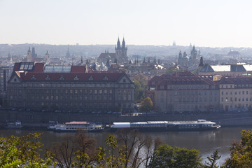 Fototapeta na wymiar Evening Prague City with with its Buildings, Towers, Cathedrals and Bridges, Czech Republic