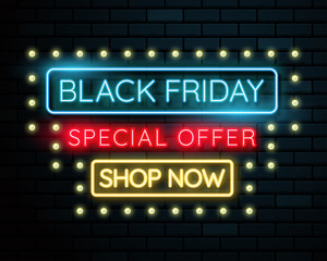 Obraz premium Black friday neon light banner.used for shop, online shop, promotion and advertising. vector illustration.