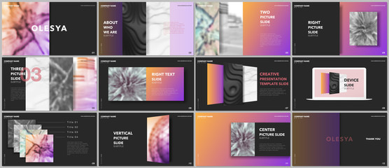 Minimal presentations design, portfolio vector templates with elements on black background. Multipurpose template for presentation slide, flyer leaflet, brochure cover, report, marketing, advertising.