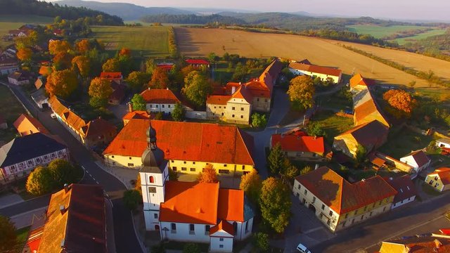 Marvelous village Chudenice from 12th century. Czech landmarks from above. Autumn in Central Europe.