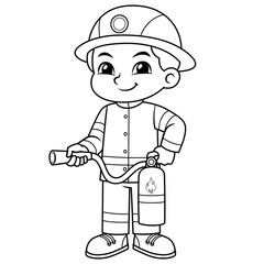 Fire Fighter Boy Ready To Spray With Fire Extinguisher BW