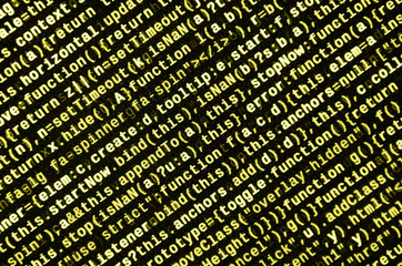 JavaScript code in text editor. Coding cyberspace concept. Screen of web developing code