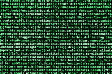 Javascript functions, variables, objects. Monitor closeup of function source code. IT specialist...