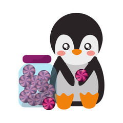Obraz premium cute penguin and jar sweet candy