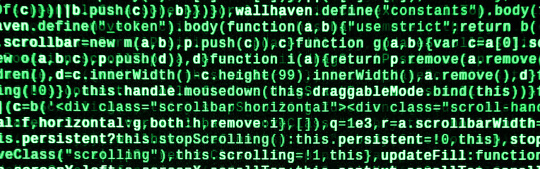 JavaScript code in text editor. Coding cyberspace concept. Screen of web developing code