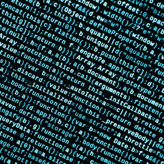 JavaScript code in text editor. Coding cyberspace concept. Screen of web developing code