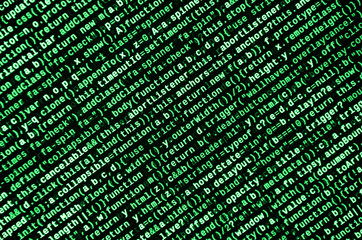 Javascript functions, variables, objects. Monitor closeup of function source code. IT specialist...