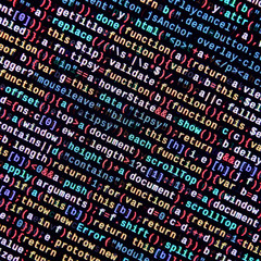 Writing programming code on laptop. Digital binary data on computer screen