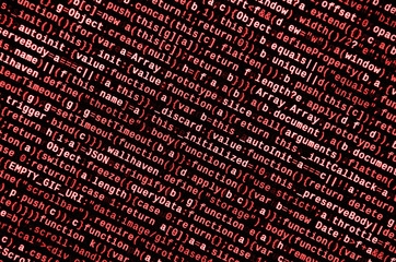 JavaScript code in text editor. Coding cyberspace concept. Screen of web developing code