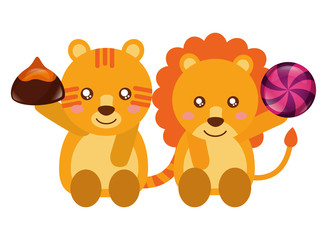 Obraz na płótnie Canvas cute tiger and lion sweet candy chocolate