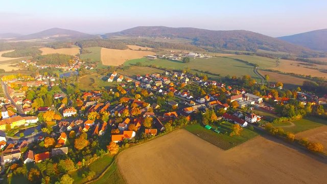 Marvelous village Chudenice from 12th century. Czech landmarks from above. Autumn in Central Europe.