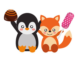 cute fox and penguin sweet candy chocolate