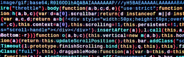 Javascript functions, variables, objects. Monitor closeup of function source code. IT specialist...