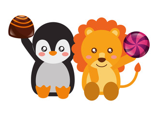 cute lion and penguin with sweet candies