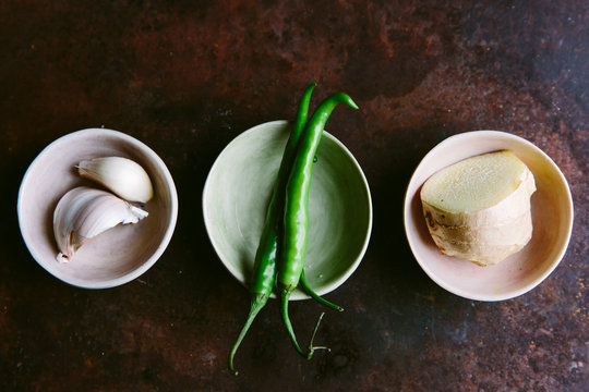 Garlic, ginger and green chilli