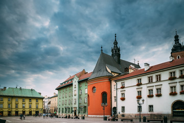 Obraz premium Krakow, Poland. Church Of St. Barbara On Small Market Square In 