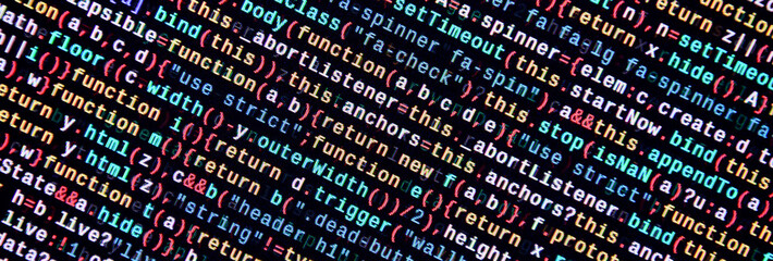 Javascript functions, variables, objects. Monitor closeup of function source code. IT specialist...